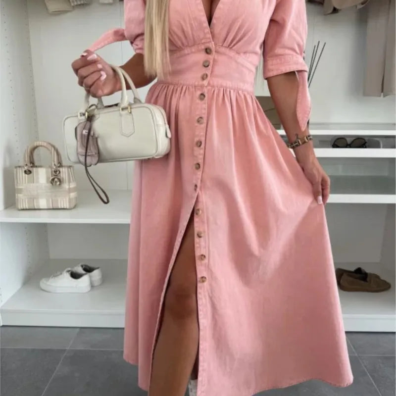 Abito Midi con Scollo Profondo e Bottoni Frontali