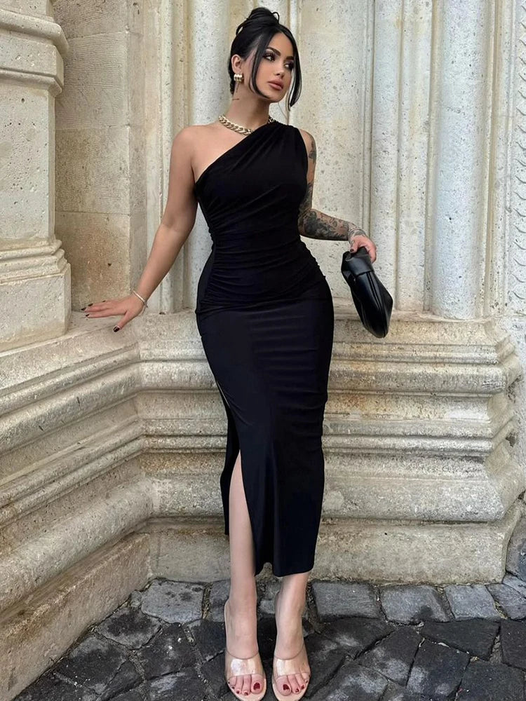 Abito Elegante Monospalla con Drappeggio